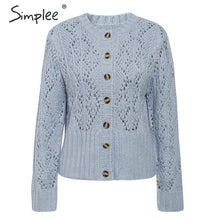 Load image into Gallery viewer, Simplee Hollow out crohect knitted cardigan sweater Women winter lady sweater Long sleeve high waist female outwear jumper 2019