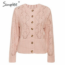 Load image into Gallery viewer, Simplee Hollow out crohect knitted cardigan sweater Women winter lady sweater Long sleeve high waist female outwear jumper 2019