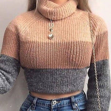 Load image into Gallery viewer, Cryptographic Fashion Women&#39;s  Turtlenecks Sweaters Striped Long Sleeve Knitted Pullovers Females Jumpers Cropped Sweaters Fall