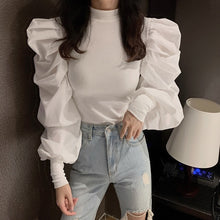 Load image into Gallery viewer, Woherb Korean Fashion Black Pullovers Half Turtleneck Long Puff Sleeve Jumpers Solid Patchwork  Slim Sweater Women Autumn New