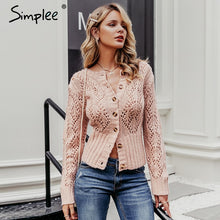 Load image into Gallery viewer, Simplee Hollow out crohect knitted cardigan sweater Women winter lady sweater Long sleeve high waist female outwear jumper 2019