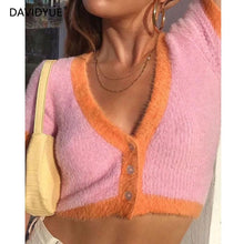 Load image into Gallery viewer, Pink cardigan womens sweaters korean crop sweater yellow autumn tops short sleeve v neck short cardigan mohair sweater fall 2019
