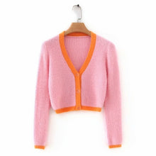 Load image into Gallery viewer, Pink cardigan womens sweaters korean crop sweater yellow autumn tops short sleeve v neck short cardigan mohair sweater fall 2019