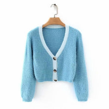 Load image into Gallery viewer, Pink cardigan womens sweaters korean crop sweater yellow autumn tops short sleeve v neck short cardigan mohair sweater fall 2019